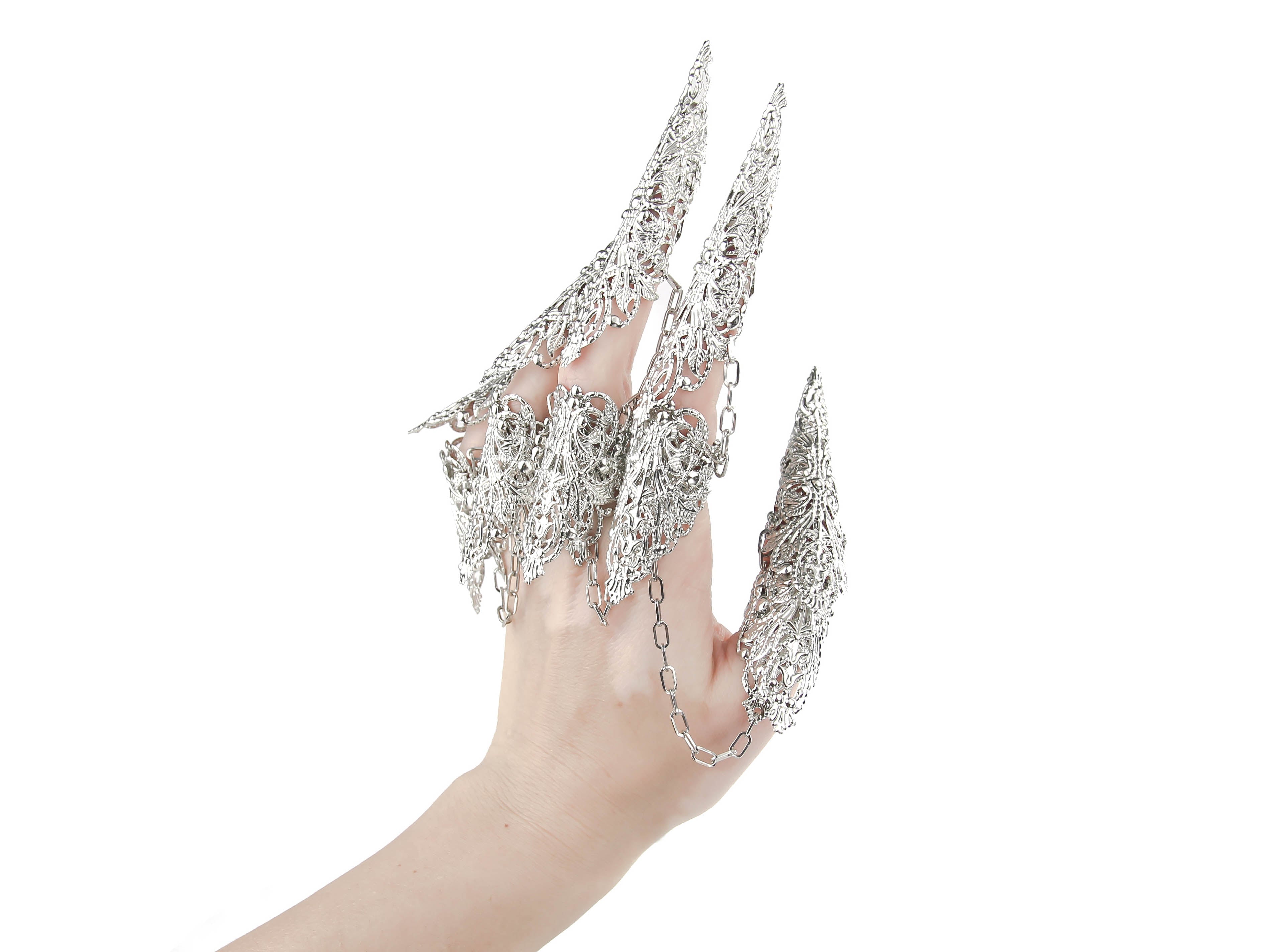 Striking dragon-like claw ring set from Myril Jewels, crafted for those who dare to embrace the dark, avant-garde side of neo-gothic jewelry. This bold accessory is perfect for Halloween, rave parties, or simply making a statement in everyday goth style, and it also serves as an unforgettable goth girlfriend gift.