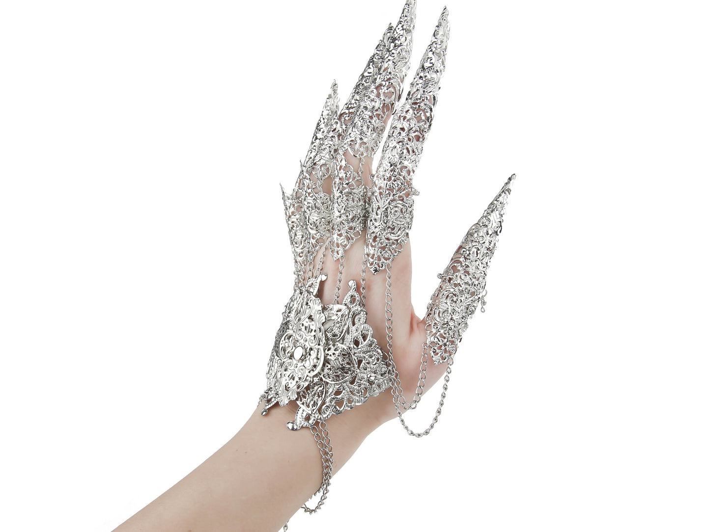 A hand is dramatically extended over a white background, showcasing Myril Jewels' silver lace finger armor, intertwined with chains, epitomizing dark-avantgarde jewelry. This bold, witchcore accessory is a gothic-chic masterpiece, ideal for Halloween, punk, and neo-gothic fashion statements, crafted with the sophisticated whimsy of Gothic Lolita.