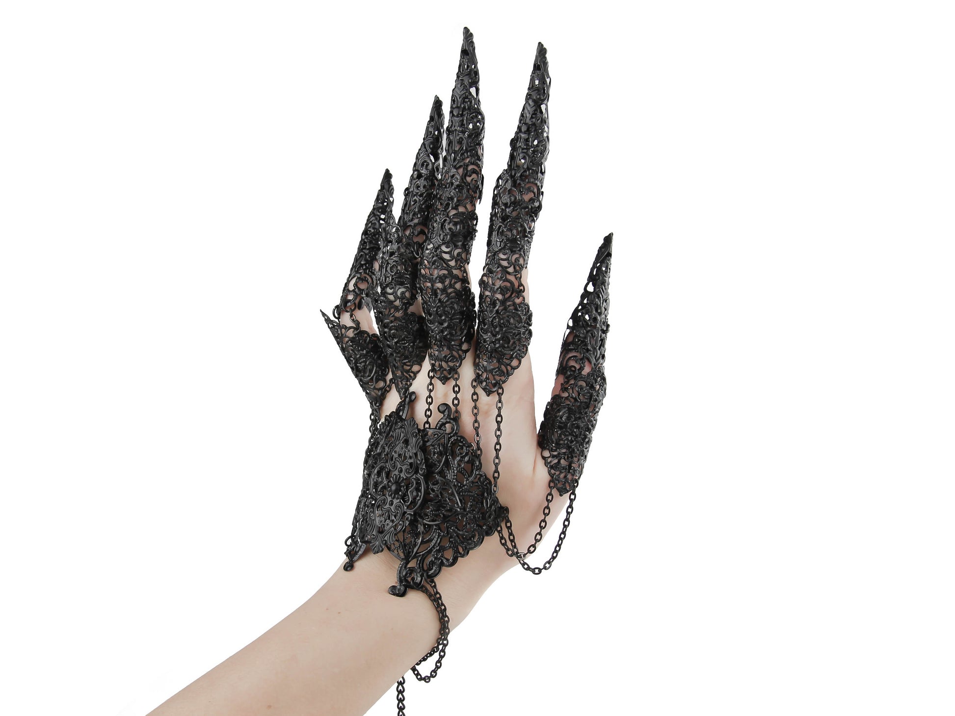 A hand dramatically showcases Myril Jewels' black lace finger armor, intertwined with chains, perfect for gothic-chic, neo-gothic, and whimsigoth styles. This handcrafted piece is a quintessential accessory for those who revel in witchcore aesthetics, making it an ideal selection for Halloween or punk fashion statements.