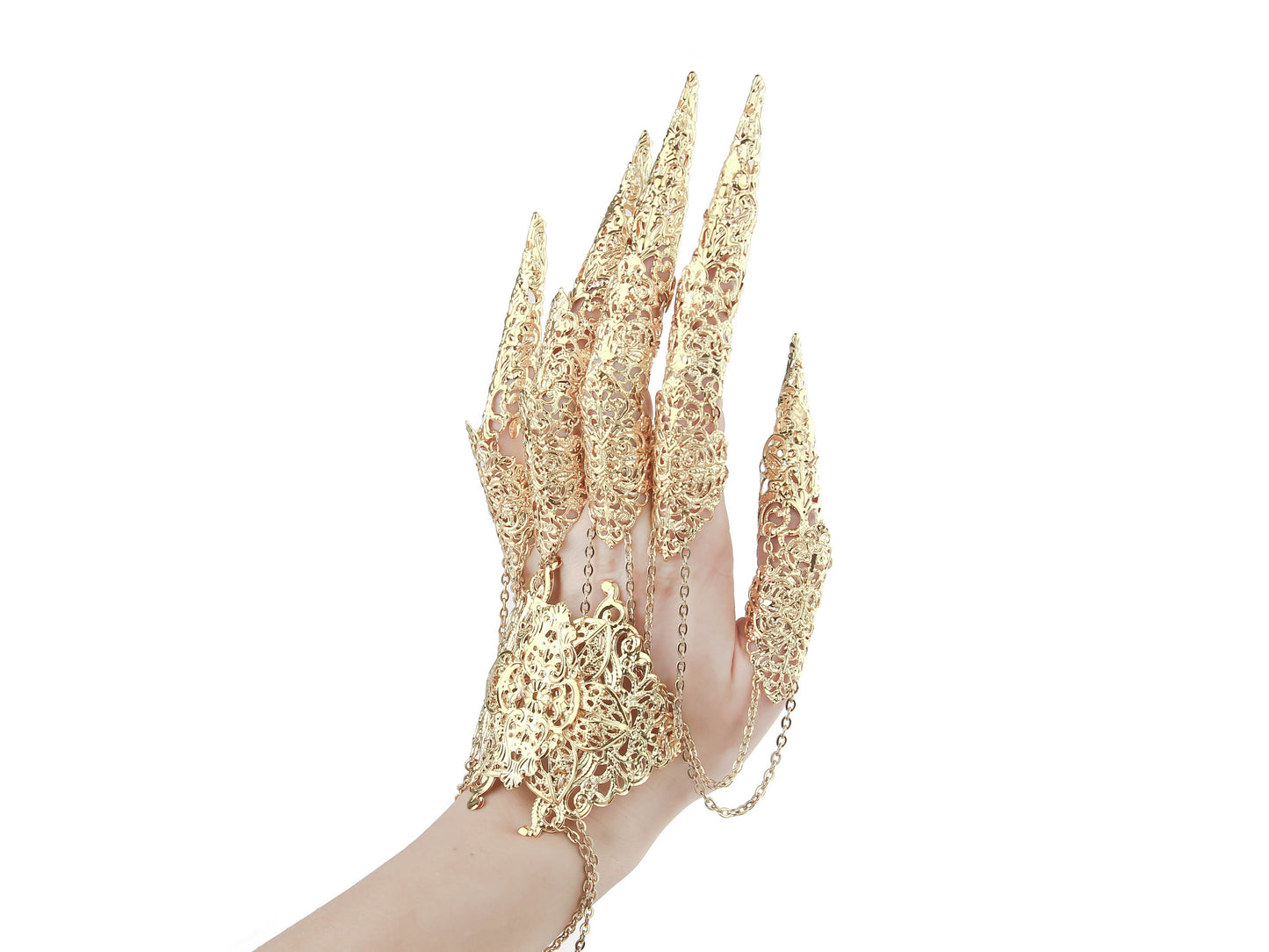 A dramatic display of Myril Jewels' gold finger armor rings, intricately designed with a gothic-chic pattern, enveloping the hand in a statement of dark elegance. Ideal for gothic, punk, or witchcore fashion, they're a captivating choice for Halloween and neo-gothic events.