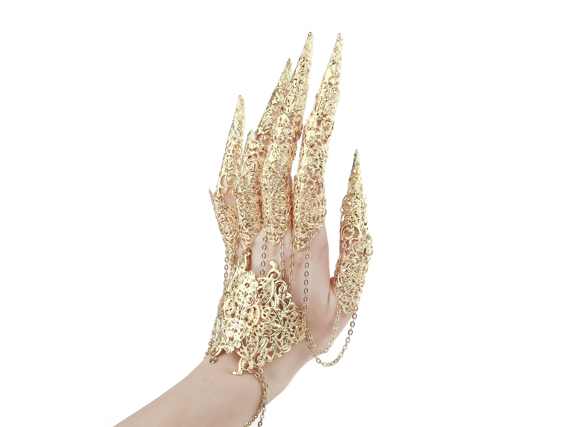 A dramatic display of Myril Jewels' gold finger armor rings, intricately designed with a gothic-chic pattern, enveloping the hand in a statement of dark elegance. Ideal for gothic, punk, or witchcore fashion, they're a captivating choice for Halloween and neo-gothic events.