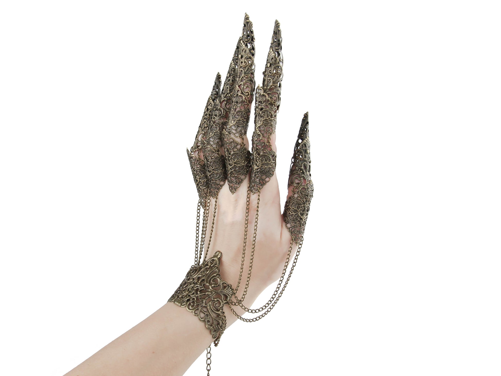 A hand dons a Myril Jewels bronze metal glove with long full finger claw rings, creating a stunning neo-gothic statement. This bold accessory, designed for the dark avant-garde enthusiast, is ideal for adding a whimsical yet edgy touch to gothic-chic, witchcore, or minimal goth attire.