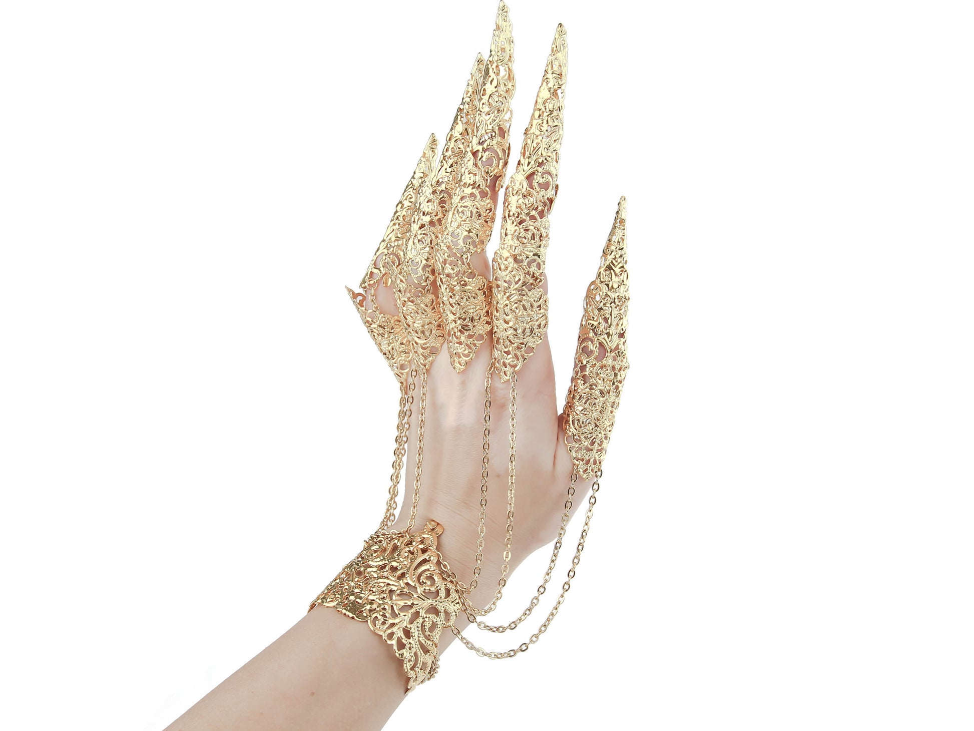 An exquisite gold metal glove with long full finger claw rings from Myril Jewels, perfect for a bold neo-goth statement. This avant-garde piece is an essential accessory for gothic, whimsigoth, and witchcore enthusiasts, and makes for an unforgettable gift for the goth girlfriend or a standout festival look.