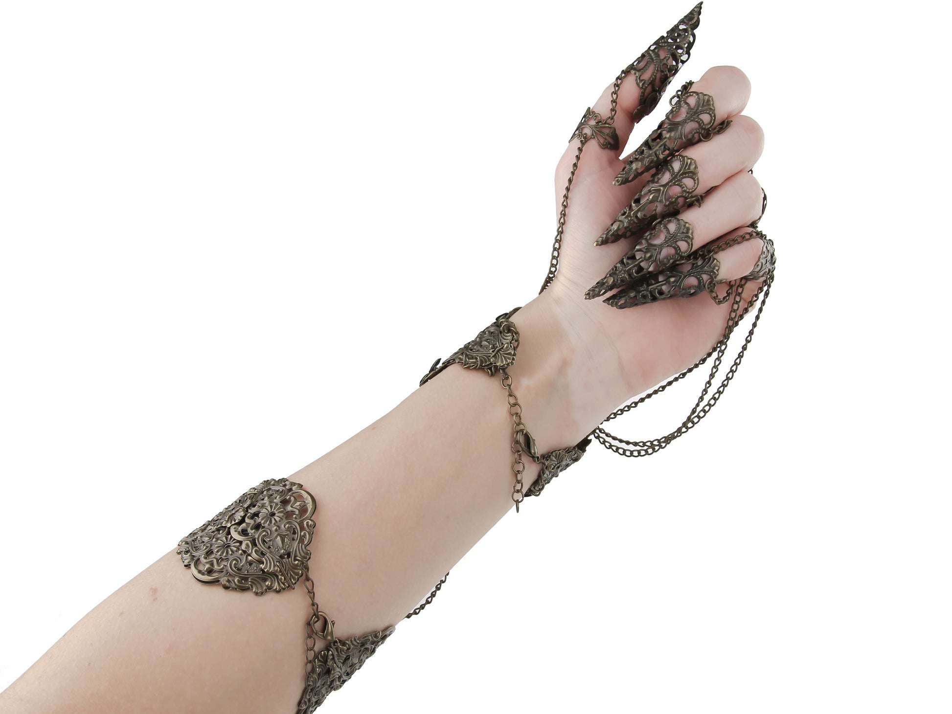 Hand in a Myril Jewels full hand armor with long claws, extending up the arm. Intricate neo-gothic design perfect for Halloween, festivals, or as a bold drag queen jewel. Ideal for those who love the dark avant-garde, witchcore style, or seeking a unique goth girlfriend gift.