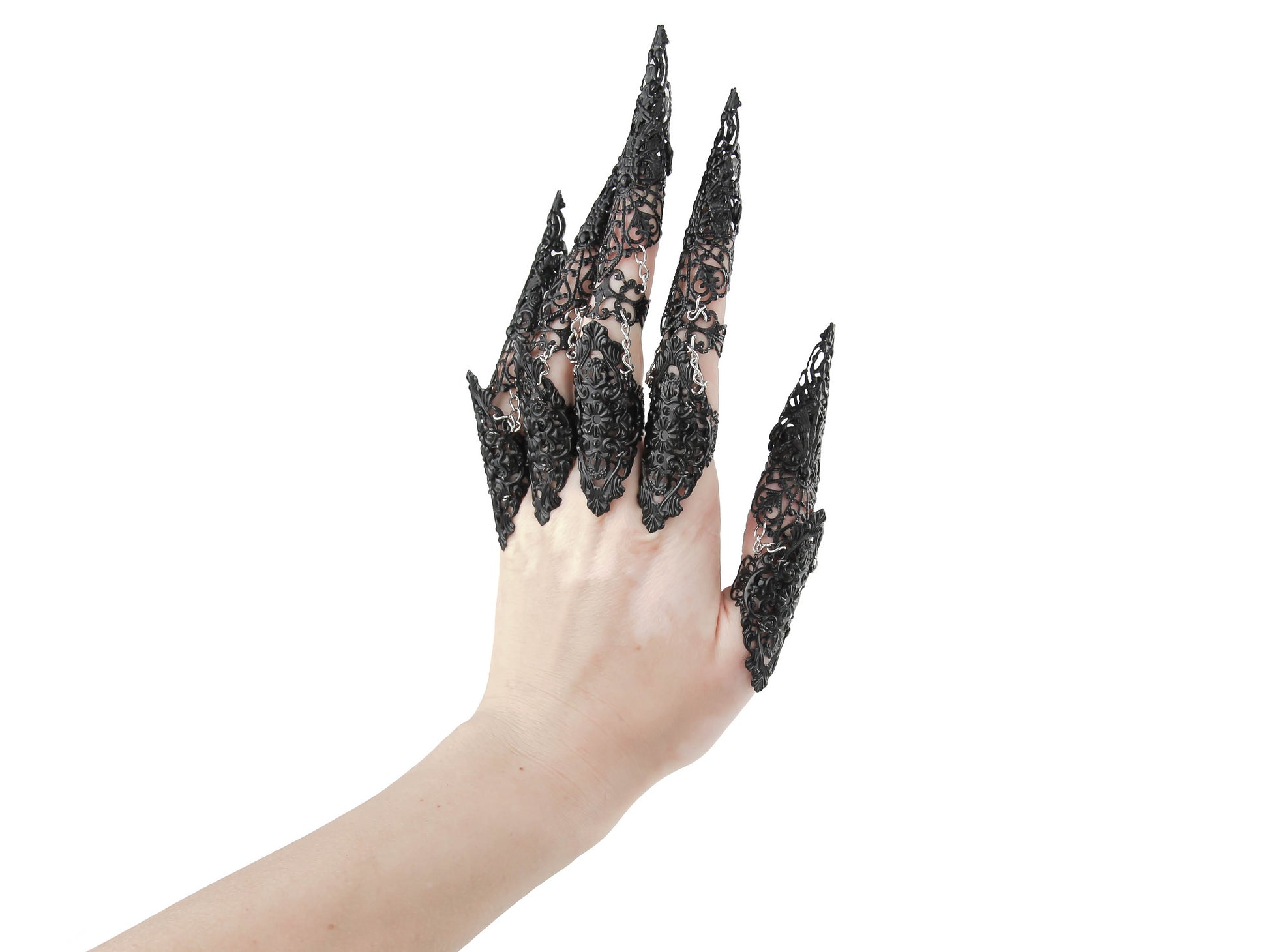 A hand adorned with Myril Jewels' gothic black full finger rings featuring long claws, showcasing a dramatic neo-goth aesthetic suitable for Halloween, witchcore styles, or as a bold statement piece for everyday wear
