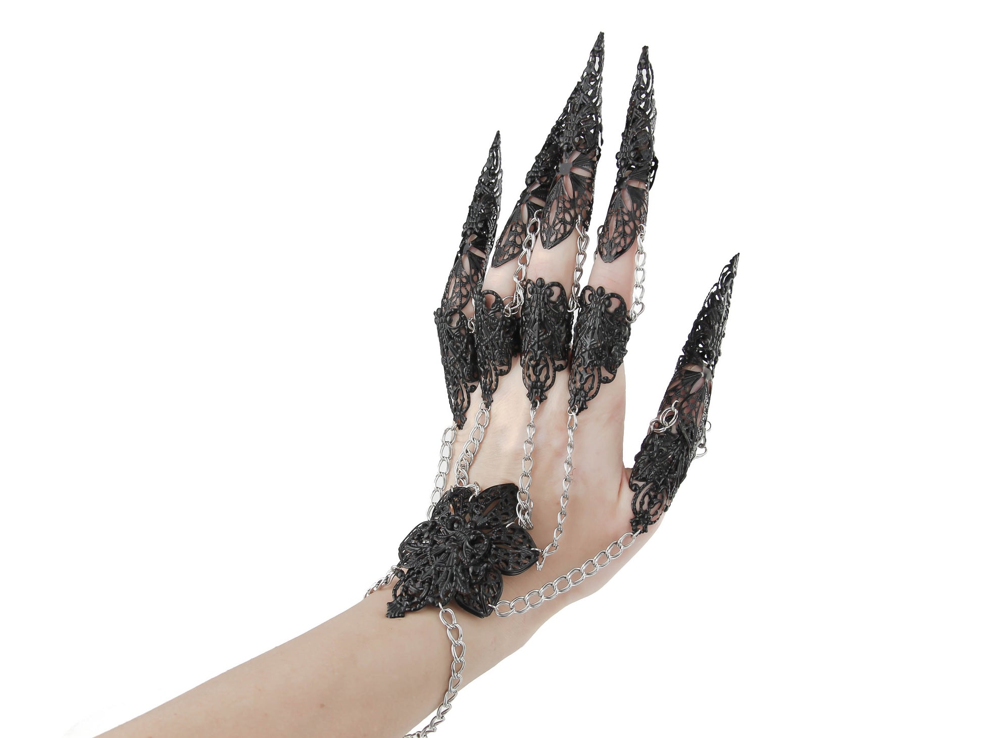 Delve into the realm of Myril Jewels with these exquisite full-hand armored claw rings, intricately designed for the dark avant-garde enthusiast. Perfect for a gothic, alternative look, these rings are ideal for Halloween, embodying Neo Gothic sophistication and punk attitude. They're a dramatic choice for Gothic Lolita, Gothic-chic, whimsigoth, or witchcore aesthetics, and make a powerful statement for drag queens and performers seeking a touch of everyday minimal goth.