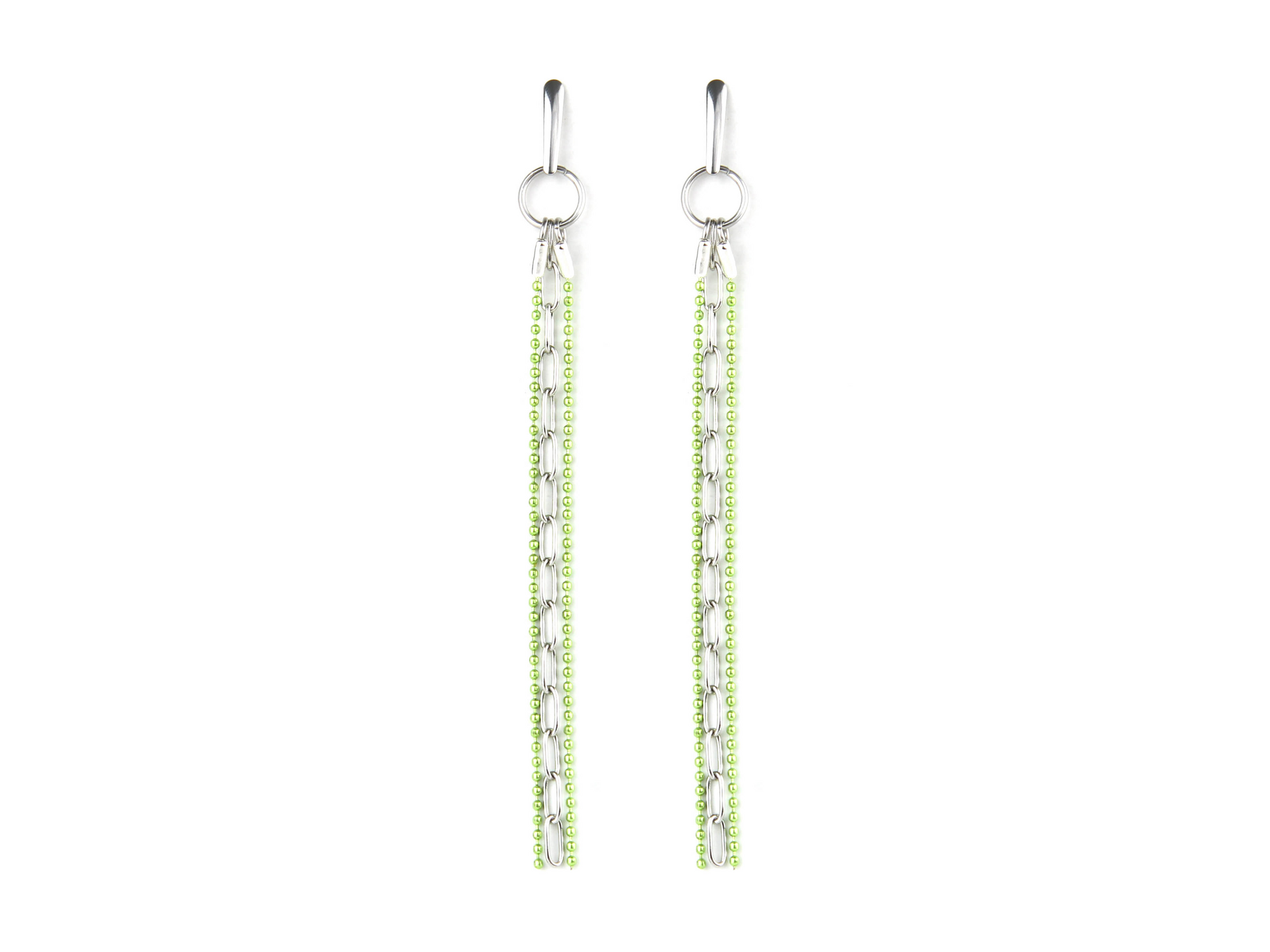 A pair of neo-gothic style earrings by Myril Jewels, featuring long chains of shimmering green beads cascading from silver hoops. These bold, handcrafted pieces embody the dark-avantgarde aesthetic, perfect for gothic-chic enthusiasts or as a unique goth girlfriend gift, suitable for Halloween events or everyday wear.