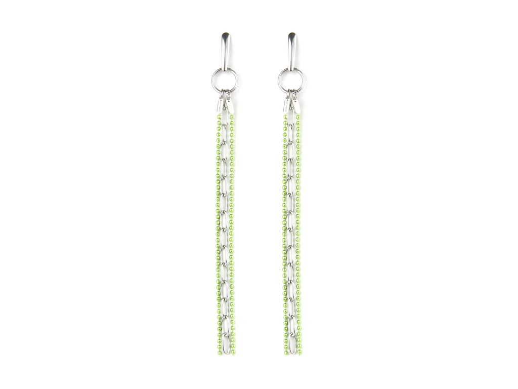 A pair of neo-gothic style earrings by Myril Jewels, featuring long chains of shimmering green beads cascading from silver hoops. These bold, handcrafted pieces embody the dark-avantgarde aesthetic, perfect for gothic-chic enthusiasts or as a unique goth girlfriend gift, suitable for Halloween events or everyday wear.