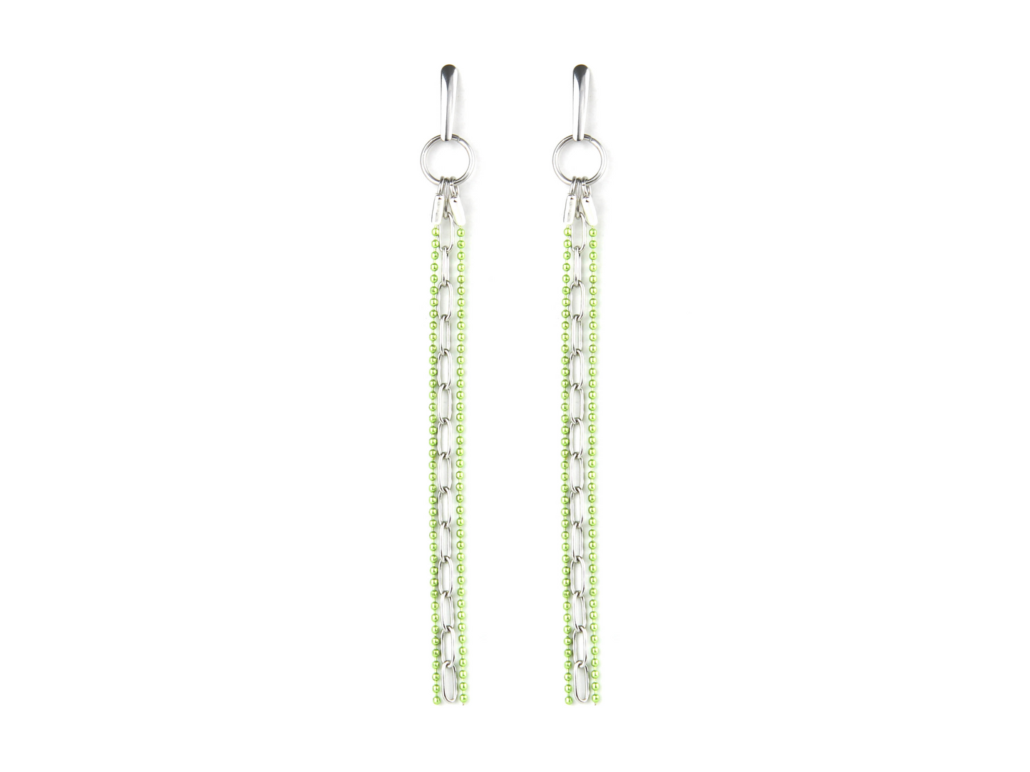 A pair of neo-gothic style earrings by Myril Jewels, featuring long chains of shimmering green beads cascading from silver hoops. These bold, handcrafted pieces embody the dark-avantgarde aesthetic, perfect for gothic-chic enthusiasts or as a unique goth girlfriend gift, suitable for Halloween events or everyday wear.