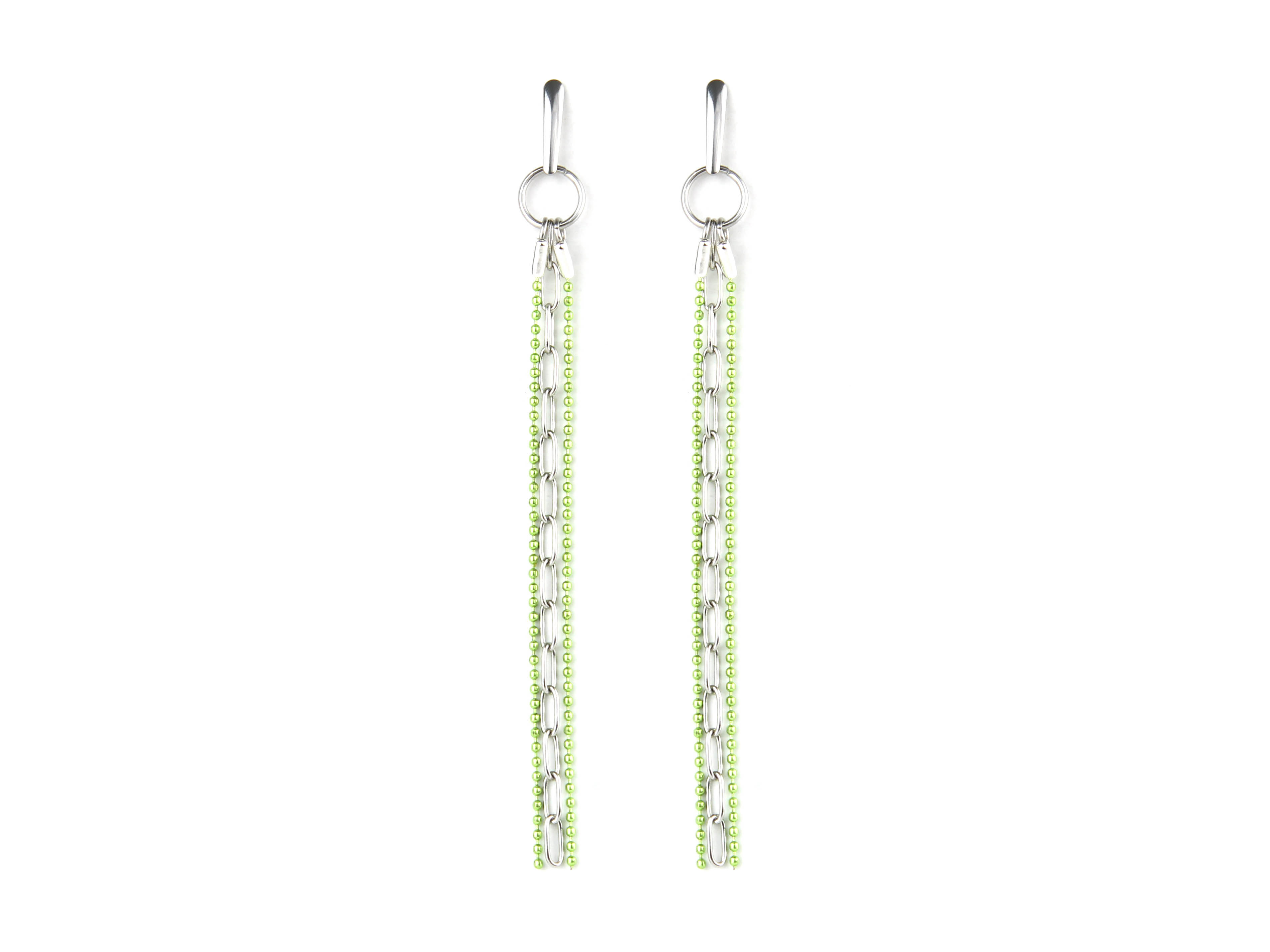 A pair of neo-gothic style earrings by Myril Jewels, featuring long chains of shimmering green beads cascading from silver hoops. These bold, handcrafted pieces embody the dark-avantgarde aesthetic, perfect for gothic-chic enthusiasts or as a unique goth girlfriend gift, suitable for Halloween events or everyday wear.