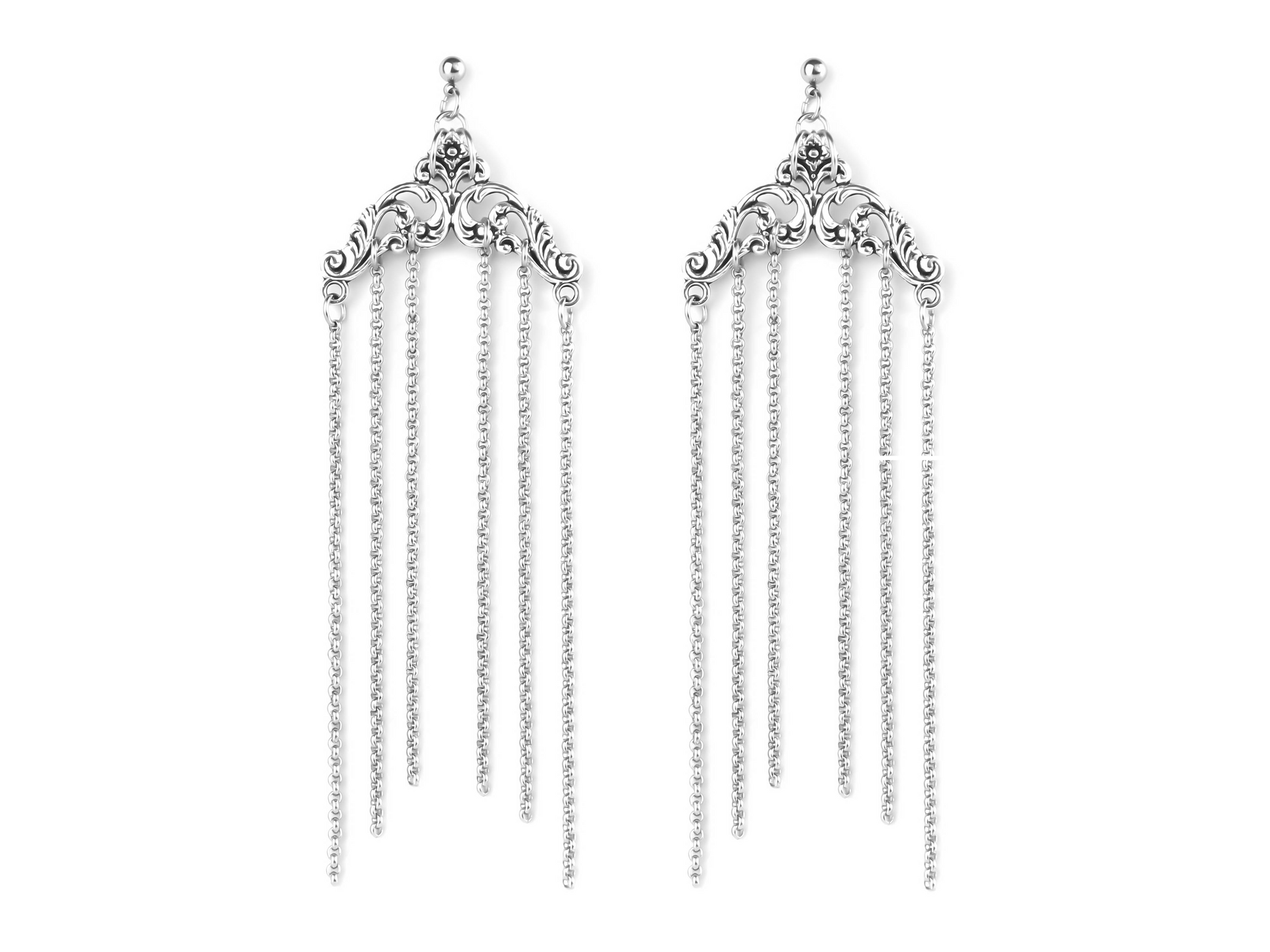 Elegantly cascading Myril Jewels chandelier earrings, perfect for the gothic aficionado. These neo-gothic treasures are ideal for enhancing a whimsigoth or witchcore look, strikingly suited for Halloween, festivals, or as a statement piece in a minimal goth wardrobe