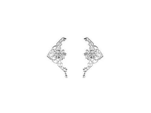 Presenting Myril Jewels' intricate cuff earrings, a masterpiece of neo-gothic design. These silver earrings feature an ornate, web-like pattern with a central floral motif, embodying the gothic-chic aesthetic. They dangle gracefully, perfect for adding a touch of whimsigoth elegance to any ensemble. Ideal for those who favor dark-avantgarde accessories, they're versatile for daily wear or as a highlight for rave party attire, encapsulating the essence of festival jewels with a witchcore twist.