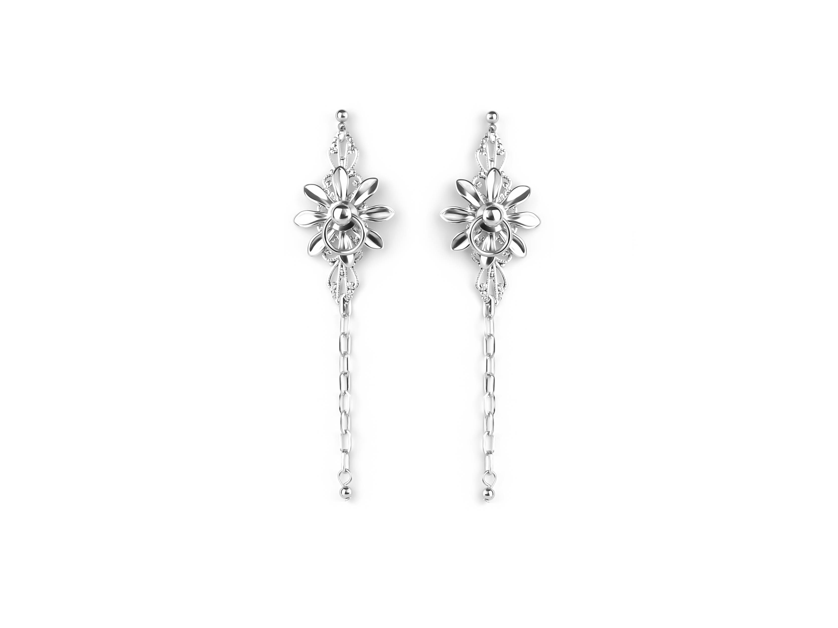 Neo-gothic Myril Jewels earrings, featuring a floral motif and delicate hanging chains, perfect for adding a dark-avantgarde touch to gothic-chic ensembles.