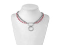 A Myril Jewels gothic punk necklace composed of alternating silver and vibrant pink chains features a prominent O-ring, exuding a mix of punk bravado and dark elegance. Ideal for Halloween adornment or daily wear, it's a statement piece for those with a taste for neo-gothic flair and avant-garde style.