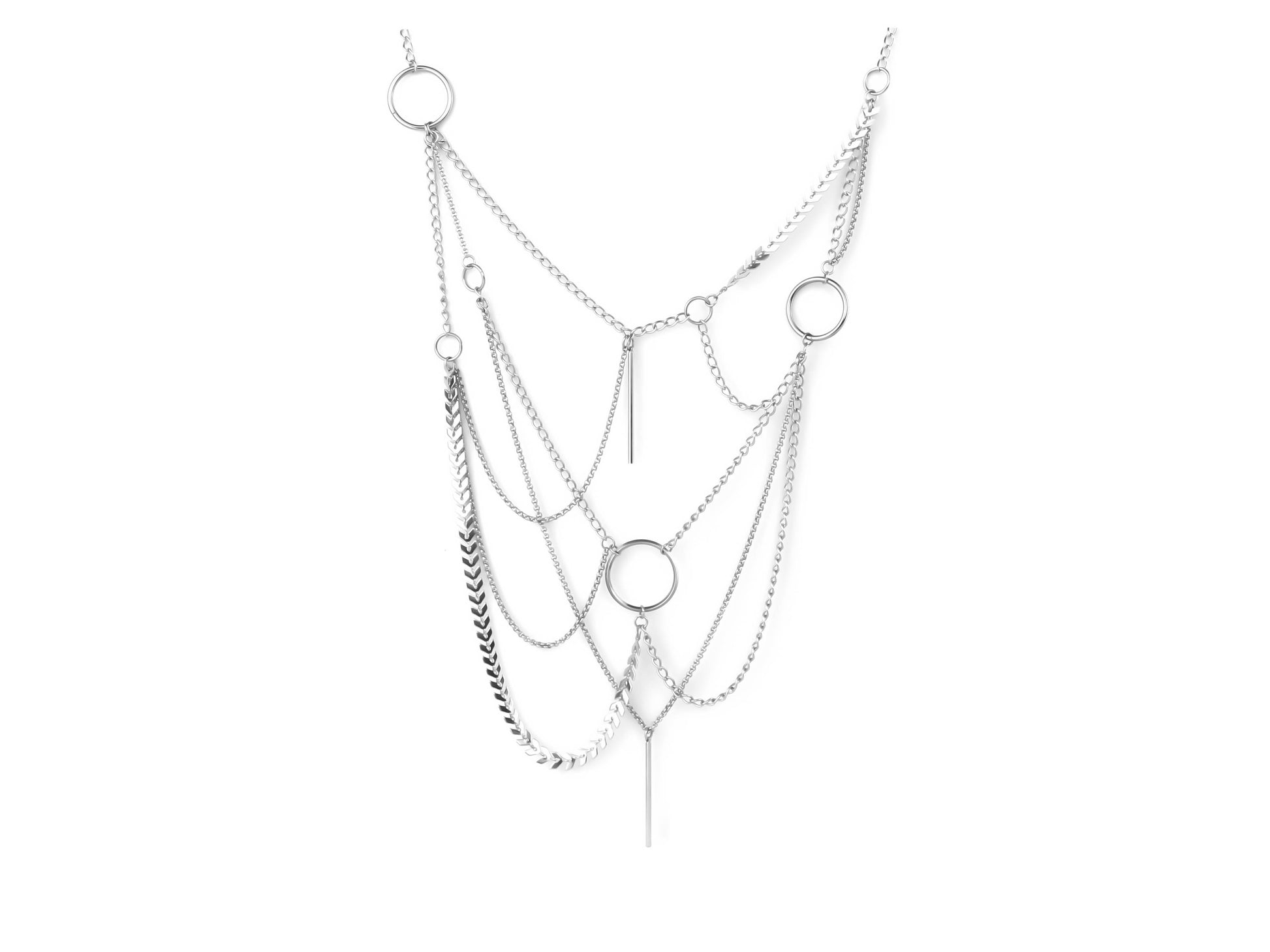Multi-layered Myril Jewels necklace, cascading chains with central o-ring. Ideal for gothic-chic, Witchcore enthusiasts or as a bold statement piece at rave parties. A perfect goth girlfriend or friend gift, embodying dark-avantgarde elegance for festival or everyday wear.