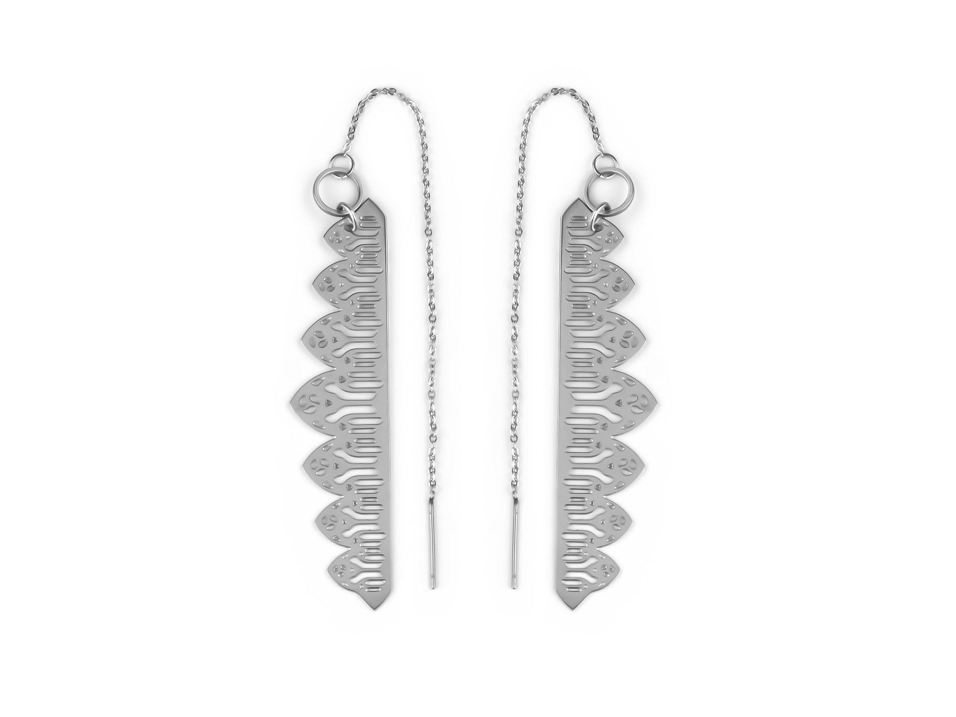 Elegant Myril Jewels Goth Threader Earrings, featuring delicate gothic arches in a filigree design. Ideal for those who favor bold neo-gothic jewelry, perfect as a goth girlfriend gift or to complement a Halloween ensemble