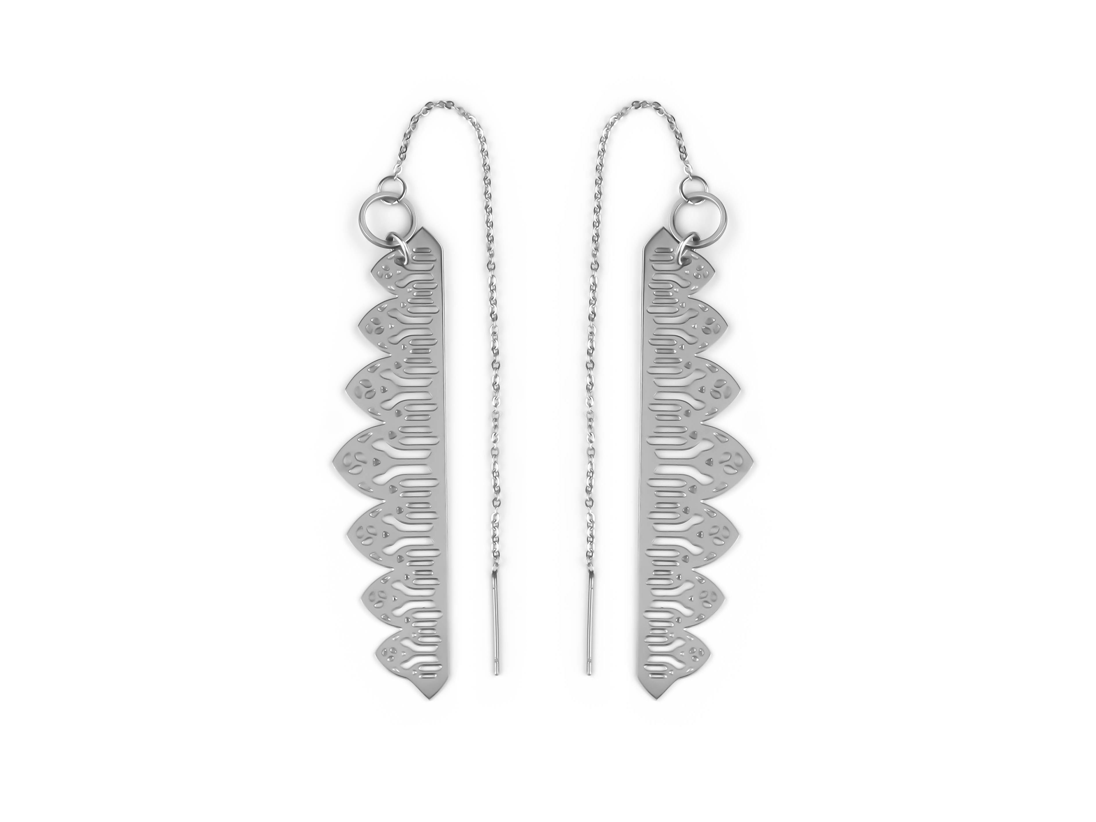 Elegant Myril Jewels Goth Threader Earrings, featuring delicate gothic arches in a filigree design. Ideal for those who favor bold neo-gothic jewelry, perfect as a goth girlfriend gift or to complement a Halloween ensemble