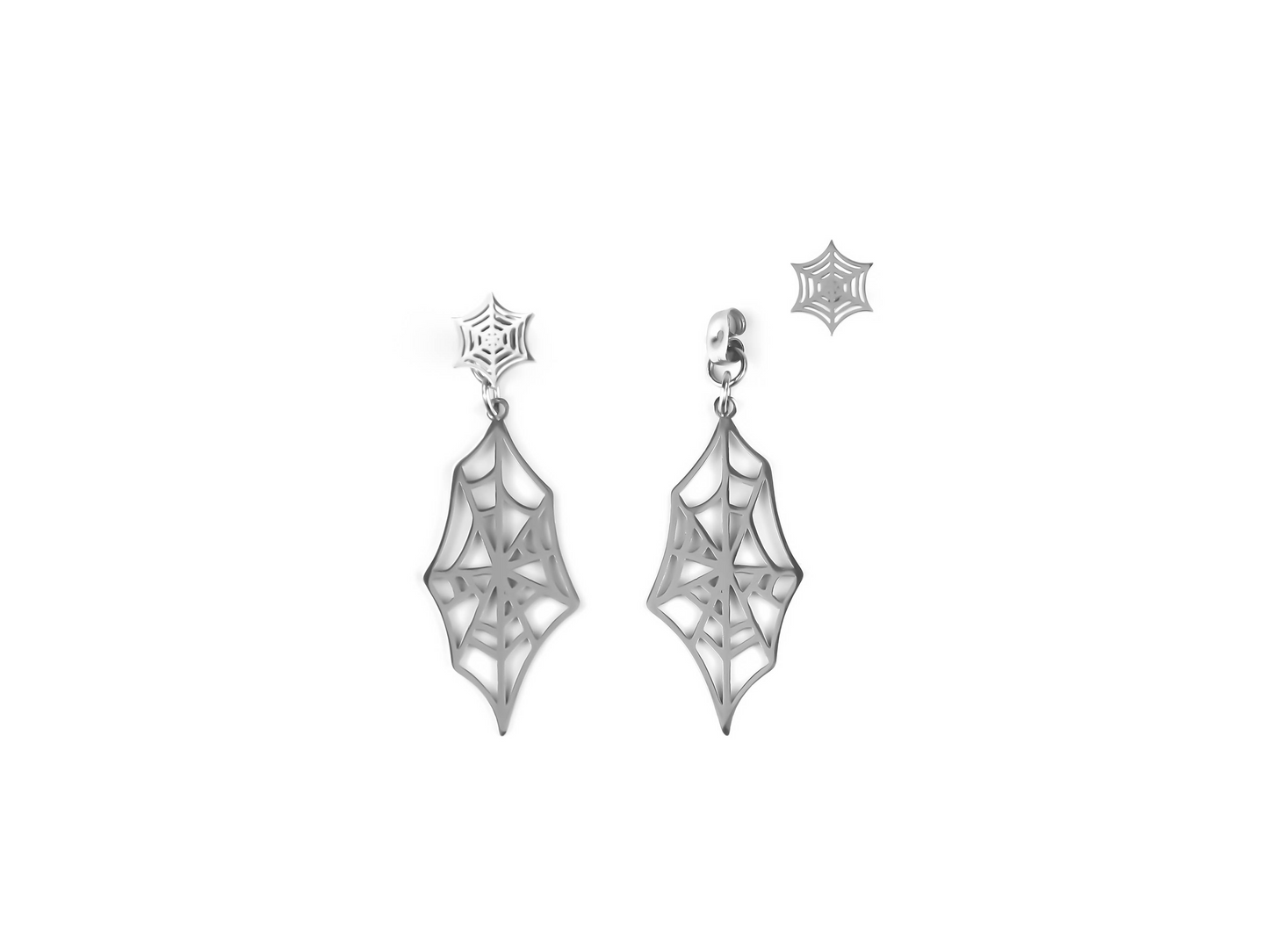 Exquisite Myril Jewels spiderweb earrings, showcasing a pristine silver finish that captures the spirit of Halloween jewelry. These neo-gothic pieces feature a delicate web design, embodying the gothic-chic and whimsigoth trends. Ideal for witchcore enthusiasts, these earrings are versatile for everyday wear, reflecting a minimal goth aesthetic, and are a statement accessory for any rave party or festival look, seamlessly aligning with the dark-avantgarde essence of the brand.