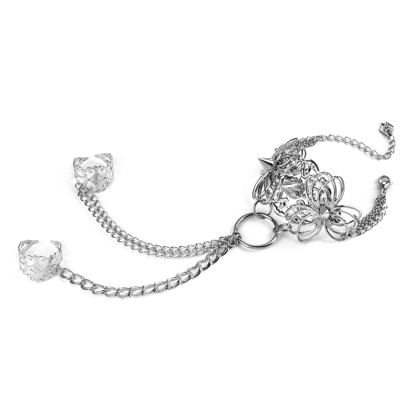 Embody the night with Myril Jewels' punk hand chain bracelet, a fusion of gothic-chic and avant-garde design. Crafted for the dark fashion connoisseur, this piece features intricate filigree work that forms an elegant ring-to-wrist chain, perfect for enhancing a Neo Gothic, Whimsigoth, or minimal goth look. Ideal for festivals, rave parties, or as a statement piece in a Witchcore collection, it's a quintessential Myril Jewel for Halloween and beyond