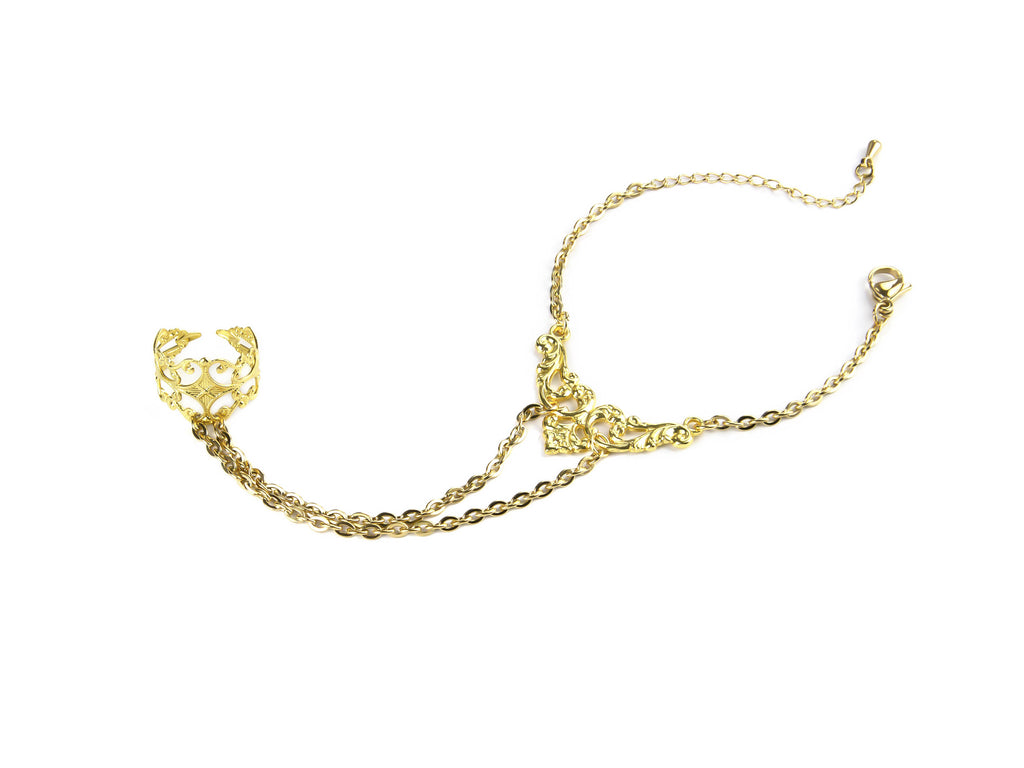 This image presents a Myril Jewels hand chain bracelet ring, an exemplar of dark-avantgarde craftsmanship. A delicate filigree ring connects to a series of intricate gold chains that cascade down to a matching wrist bracelet, embodying the essence of Neo Gothic jewels. Perfect for gothic-chic fashion, Halloween, or as a statement piece for rave parties and festivals, it's designed for the lover of minimal goth, Witchcore, and Whimsigoth styles. This hand chain bracelet is a Myril Jewels signature