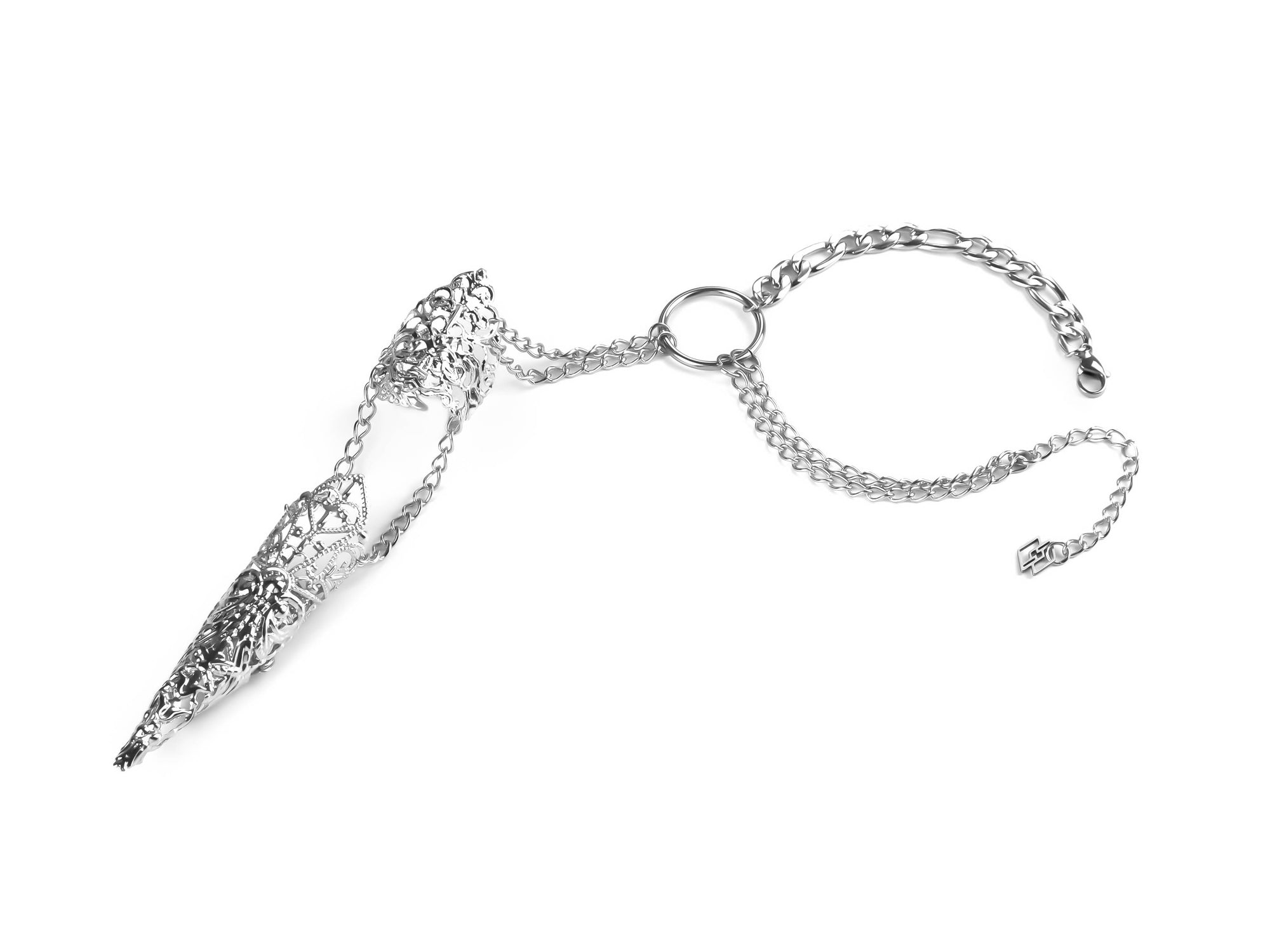 Myril Jewels presents a stunning gothic hand chain bracelet with a claw ring, merging dark-avantgarde flair with neo-gothic design, perfect for adding a bold touch to any outfit