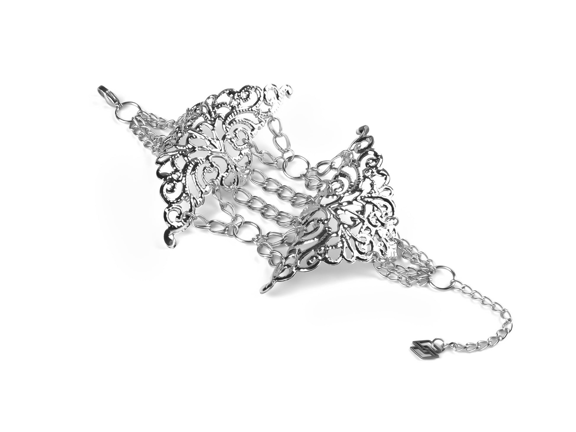 Intricately designed Myril Jewels gothic bracelet featuring detailed silver metal lace patterns and delicate chains, ideal for accessorizing a dark-avantgarde look.