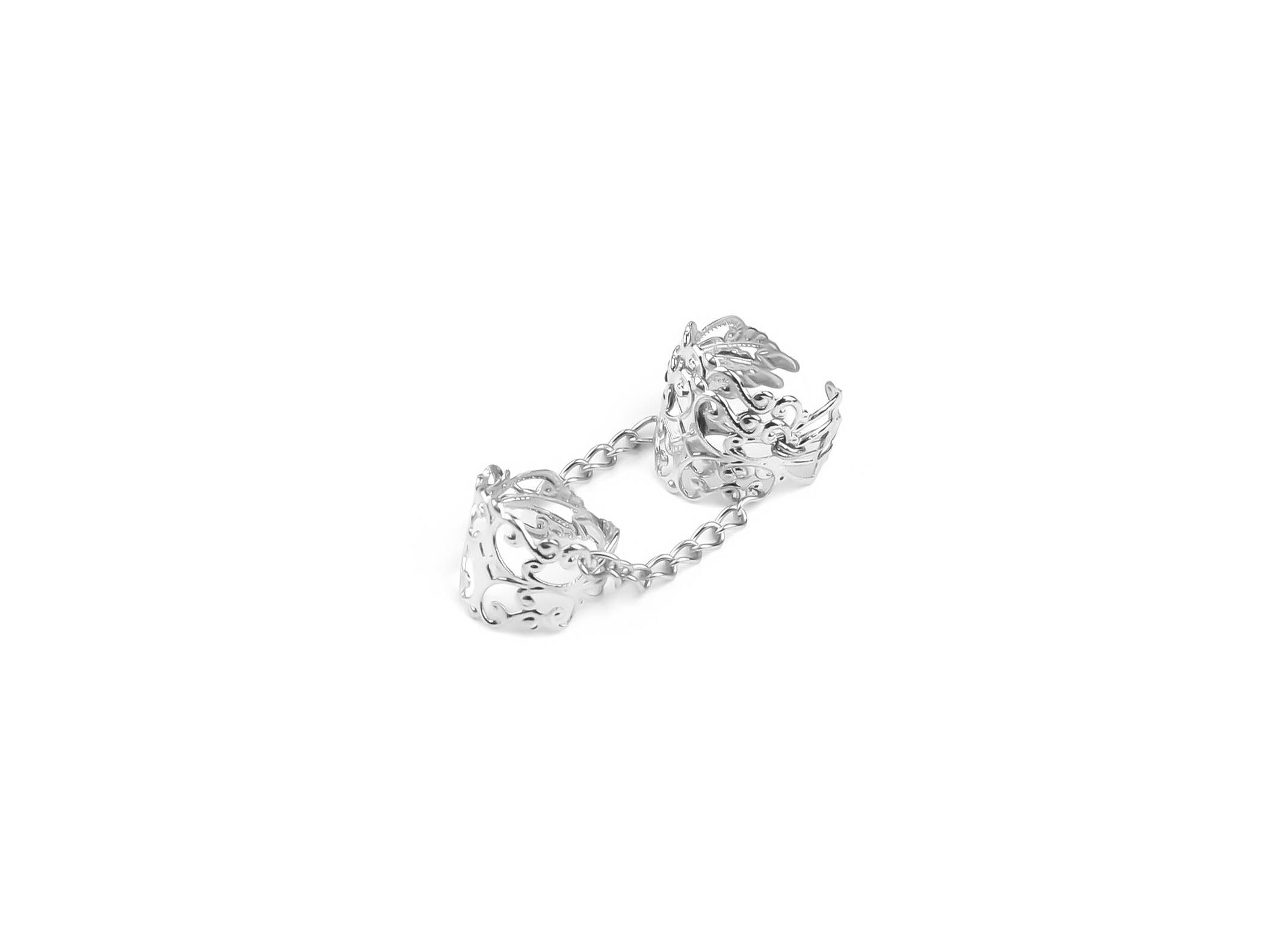 Intricately designed Myril Jewels silver double ring, embodying neo-gothic charm. A statement piece perfect for Halloween, it captures the essence of Witchcore and gothic-chic. Ideal for everyday wear or as a standout accessory for rave parties and festivals, this bold jewelry is a unique goth girlfriend gift.