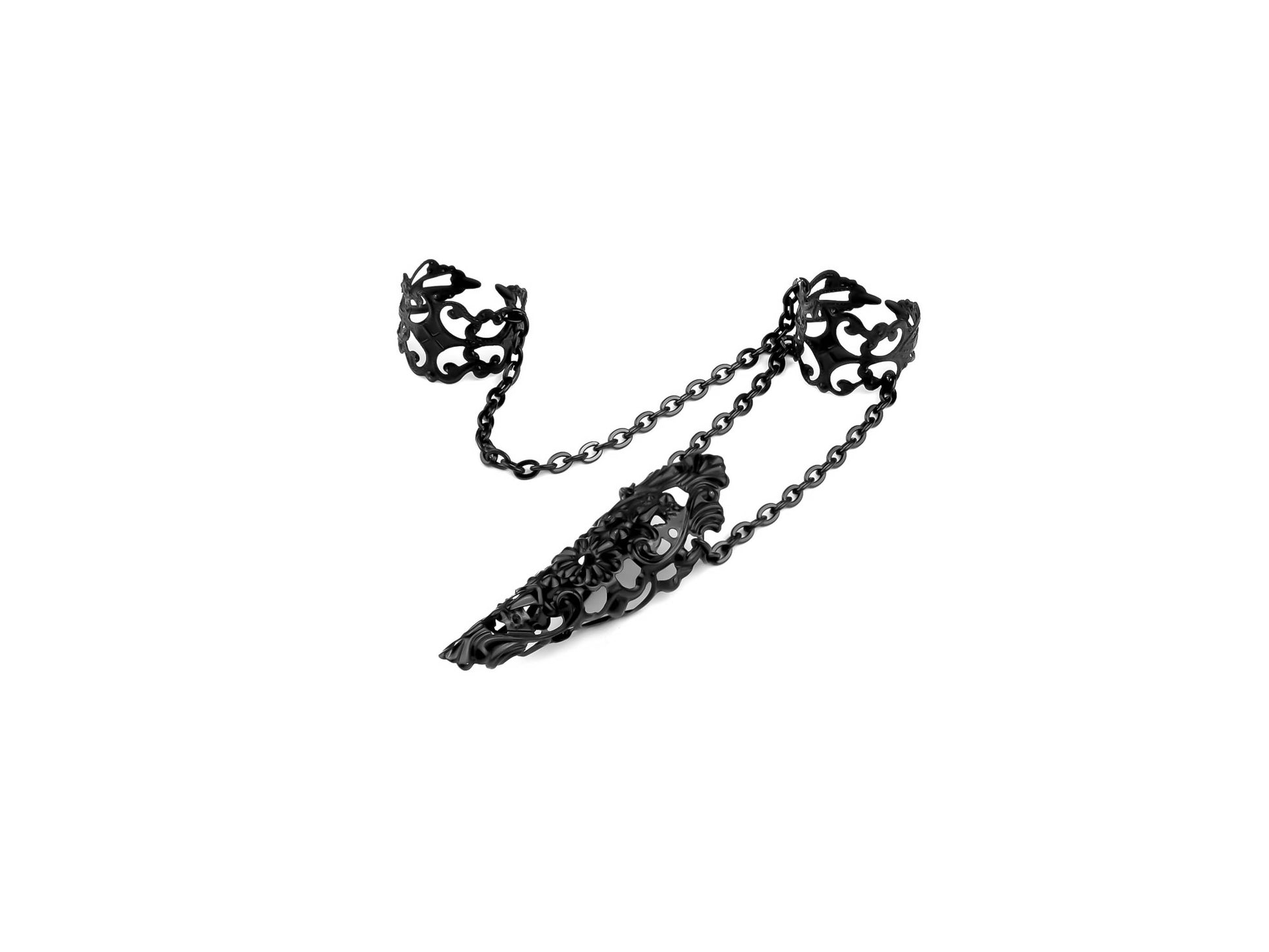  A striking black double ring with a claw design by Myril Jewels, set against a white background, evokes the dark-avantgarde spirit of neo-goth jewelry. The rings are connected by a sleek chain, featuring elaborate filigree work that encapsulates a gothic-chic aesthetic. Ideal for Halloween, this bold accessory complements a witchcore or whimsigoth wardrobe, and adds a daring touch to minimal goth, everyday wear, or as an edgy highlight for rave party and festival jewels.