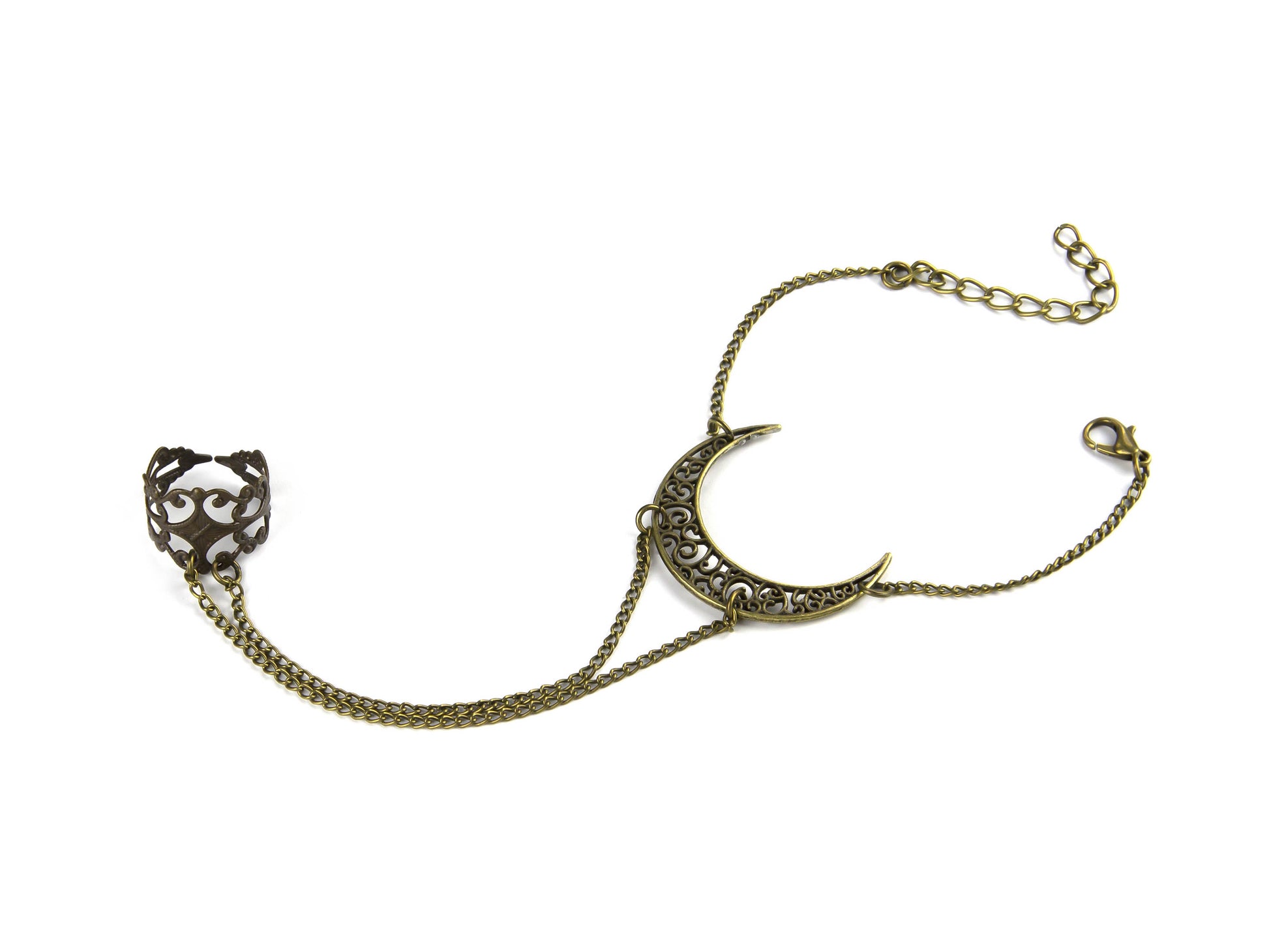 This bronze hand chain bracelet from Myril Jewels features a moon-inspired design, combining neo-gothic elegance with a dark avant-garde touch, ideal for gothic enthusiasts seeking unique, handcrafted jewelry