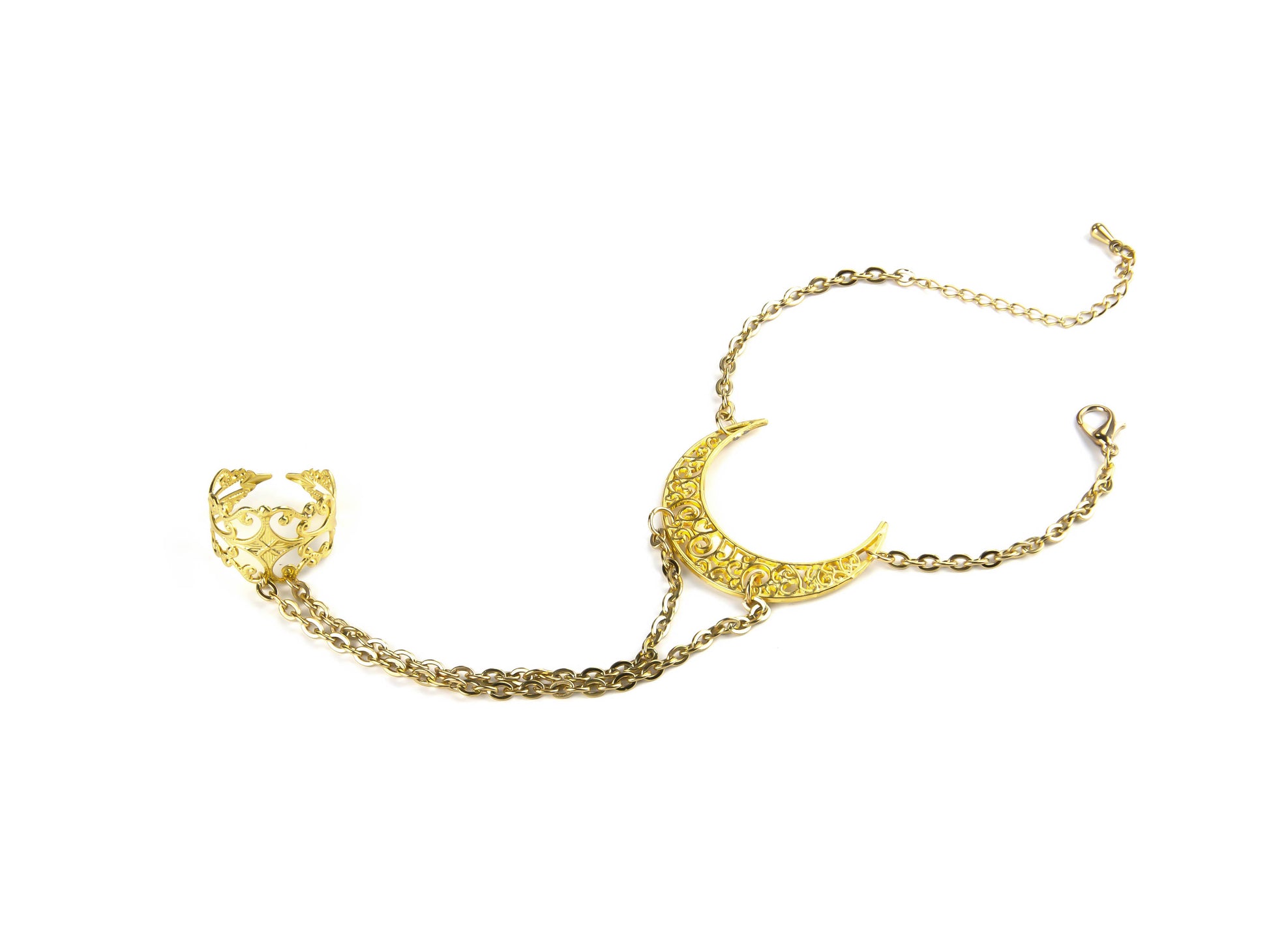 Discover Myril Jewels' lunar charm with this gold hand chain bracelet featuring a moon-inspired design, merging neo-goth elegance and dark allure, ideal for the gothic-chic enthusiast's versatile jewelry collection