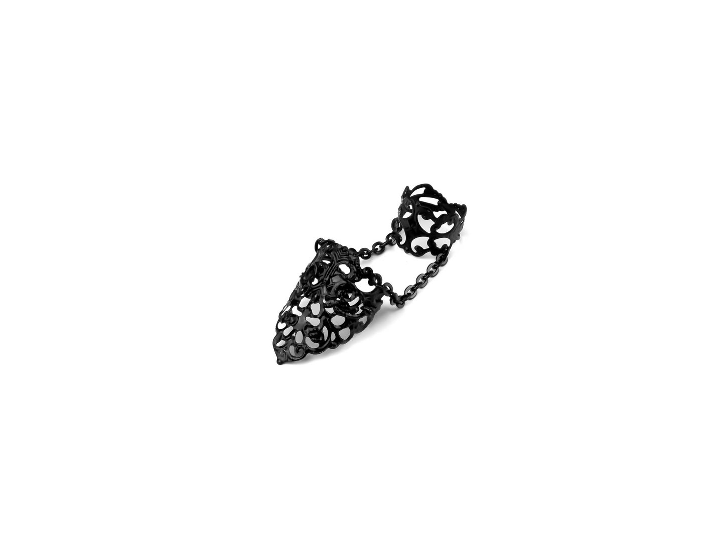 A captivating Myril Jewels gothic black double ring, intertwining elegance with dark neo-goth motifs, perfect for trendsetters of the alternative scene. This piece embodies the essence of witchcore and whimsigoth, ideal for Halloween, as a standout rave accessory or a bold everyday statement. It's a unique gift to delight any goth girlfriend or friend who revels in punk-inspired, handcrafted jewelry.