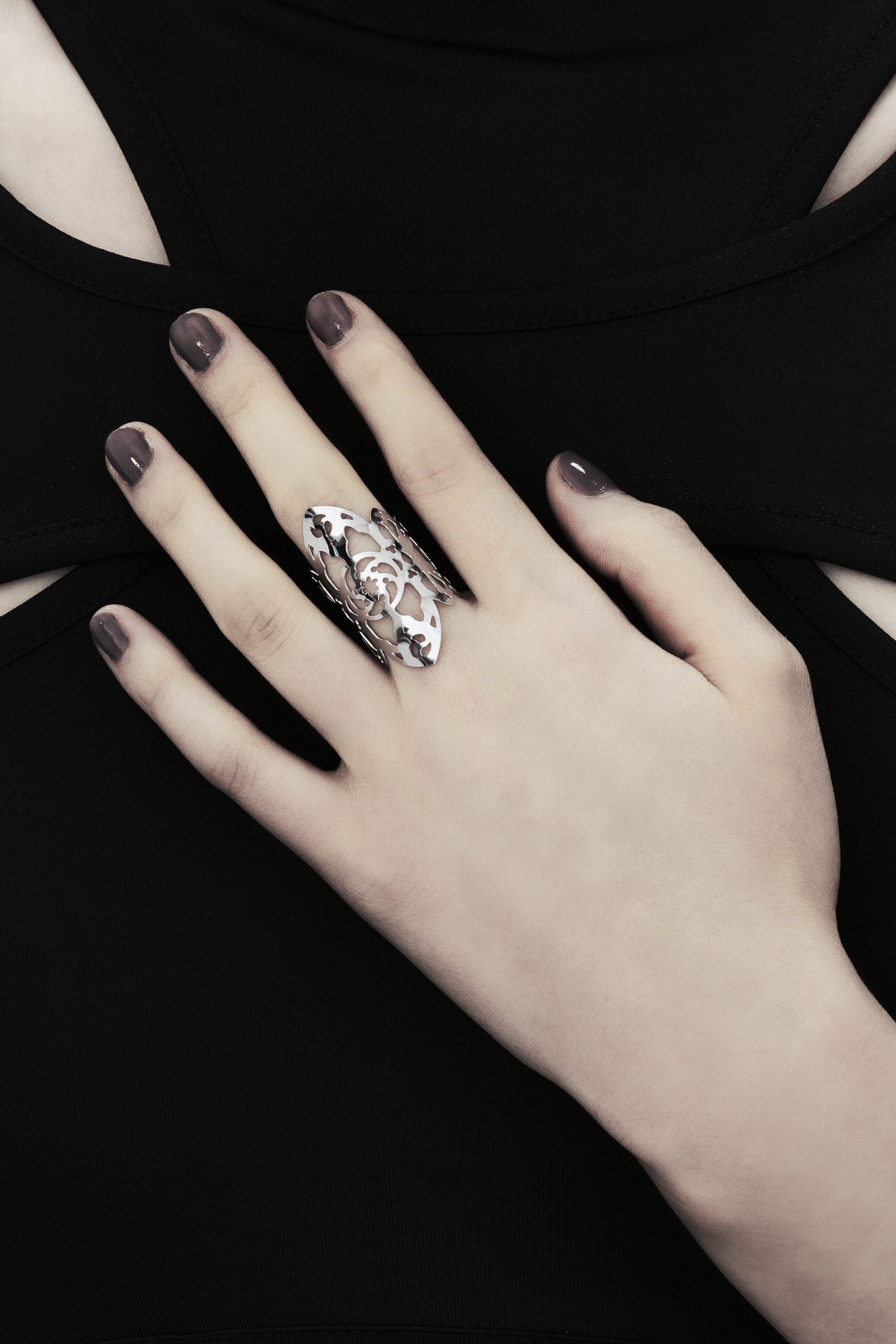  The showcased Myril Jewels ring, handcrafted with dark avant-garde sophistication, is adorned with elaborate gothic-inspired motifs. Each ring's slim band echoes the contours of gothic arches, offering a declaration of striking elegance. These Italian-crafted creations capture Myril Jewels' distinctive, ever-evolving aesthetic, designed for the refined preferences of gothic jewelry admirers.