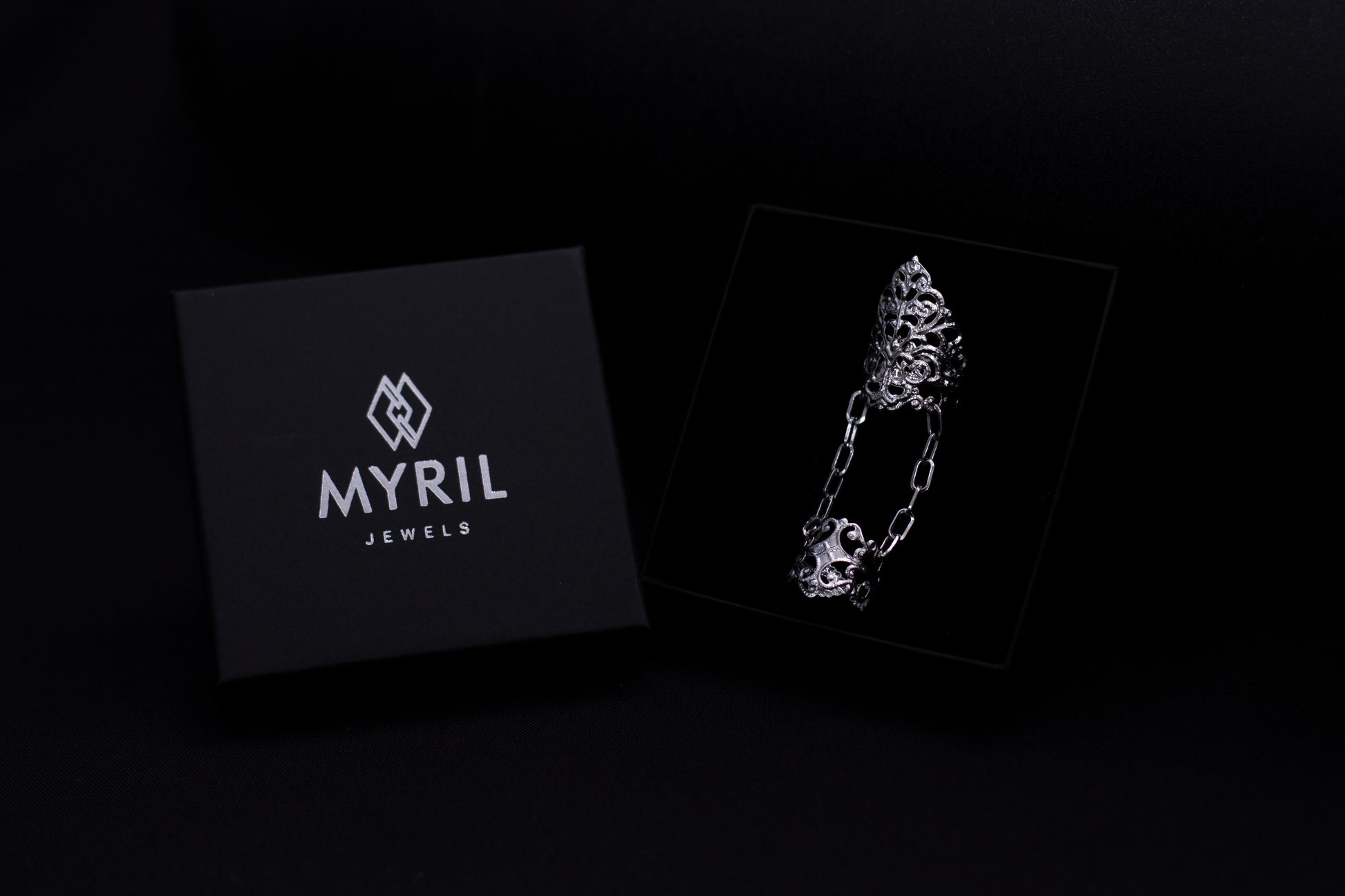 Discover the allure of Myril Jewels with this exquisite gothic double ring, displayed against a sleek, branded black box. This signature piece embodies the essence of neo-gothic jewelry, perfect for goth enthusiasts seeking a bold, witchcore-inspired statement. Ideal for Halloween, rave parties, or as a cherished gift for someone special.
