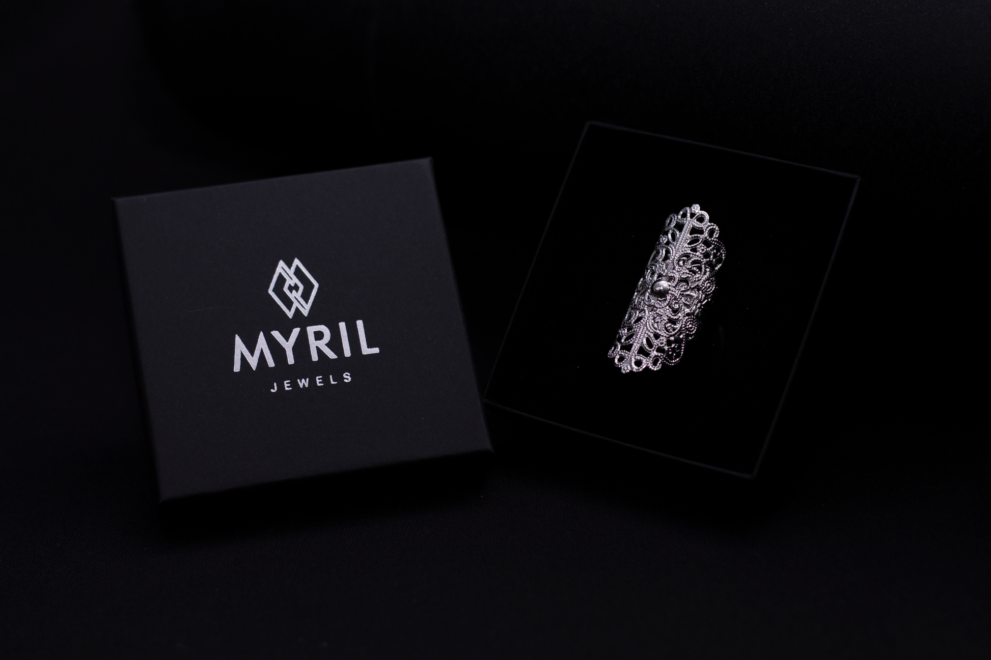 Elegant oval-shaped gothic ring from Myril Jewels, showcasing a detailed filigree design for a sophisticated neo-gothic charm. A statement piece that complements Halloween attire or everyday minimal goth style, perfect for witchcore enthusiasts or as a unique gift for the goth girlfriend.