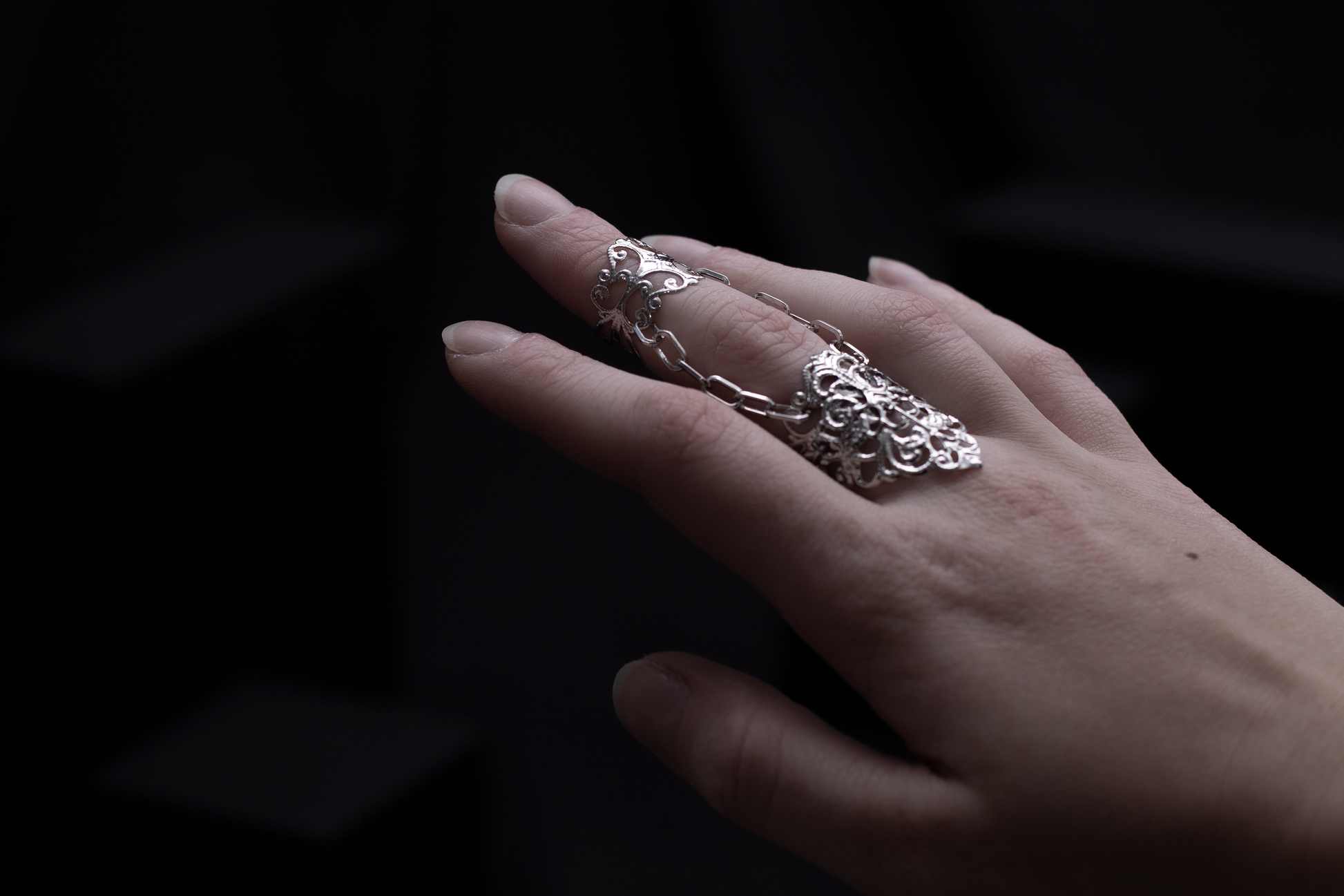Elegant Myril Jewels gothic double ring, showcasing intricate craftsmanship for a dark, avant-garde fashion statement. Ideal for goth style lovers, its detailed design makes it suitable for Halloween, daily wear, or as a unique accessory at rave parties and festivals. A meaningful goth girlfriend or friend gift idea that captures the whimsigoth spirit