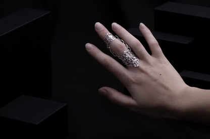An artistic representation of Myril Jewels' craftsmanship, this gothic double ring spans across two fingers. The ring boasts neo-gothic intricacy, ideal for a dark, avant-garde fashion statement. It's a versatile accessory suited for minimal goth daily wear or as a standout piece at festivals and rave parties, making it a thoughtful gift for the goth-loving friend in your life.