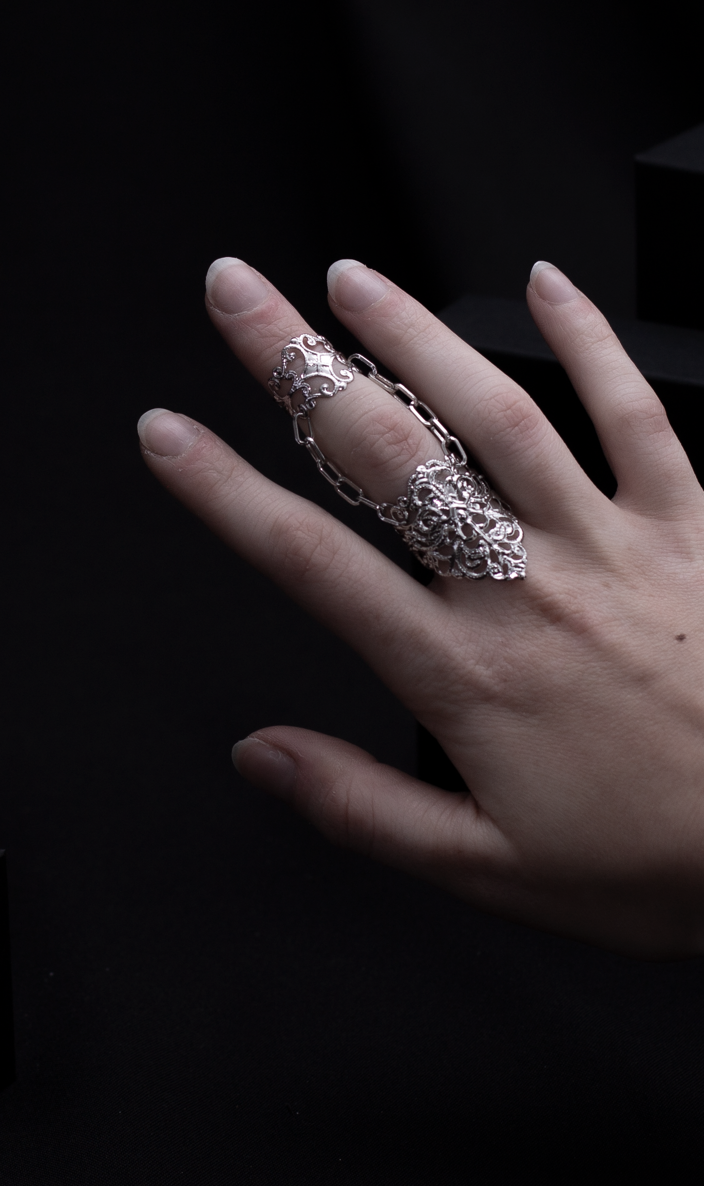 A hand showcases a Myril Jewels gothic double ring with elaborate detailing, embodying a dark, avant-garde style. This bold jewelry piece, perfect for minimal goth enthusiasts, can be a statement piece for festival wear or a unique goth girlfriend gift, infused with the essence of witchcore and whimsigoth trends.