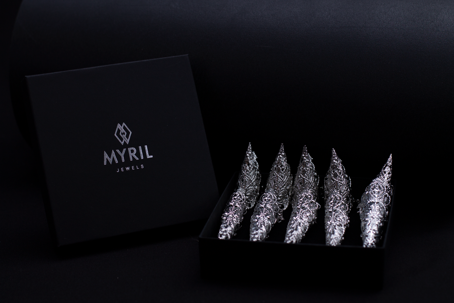 A Myril Jewels presentation box elegantly displays a set of silver dragon-like claw rings. Their intricate design captures the essence of neo-goth jewelry, ideal for adding a dramatic touch to Halloween or everyday gothic-chic attire, and makes a bold statement for lovers of dark avant-garde fashion.