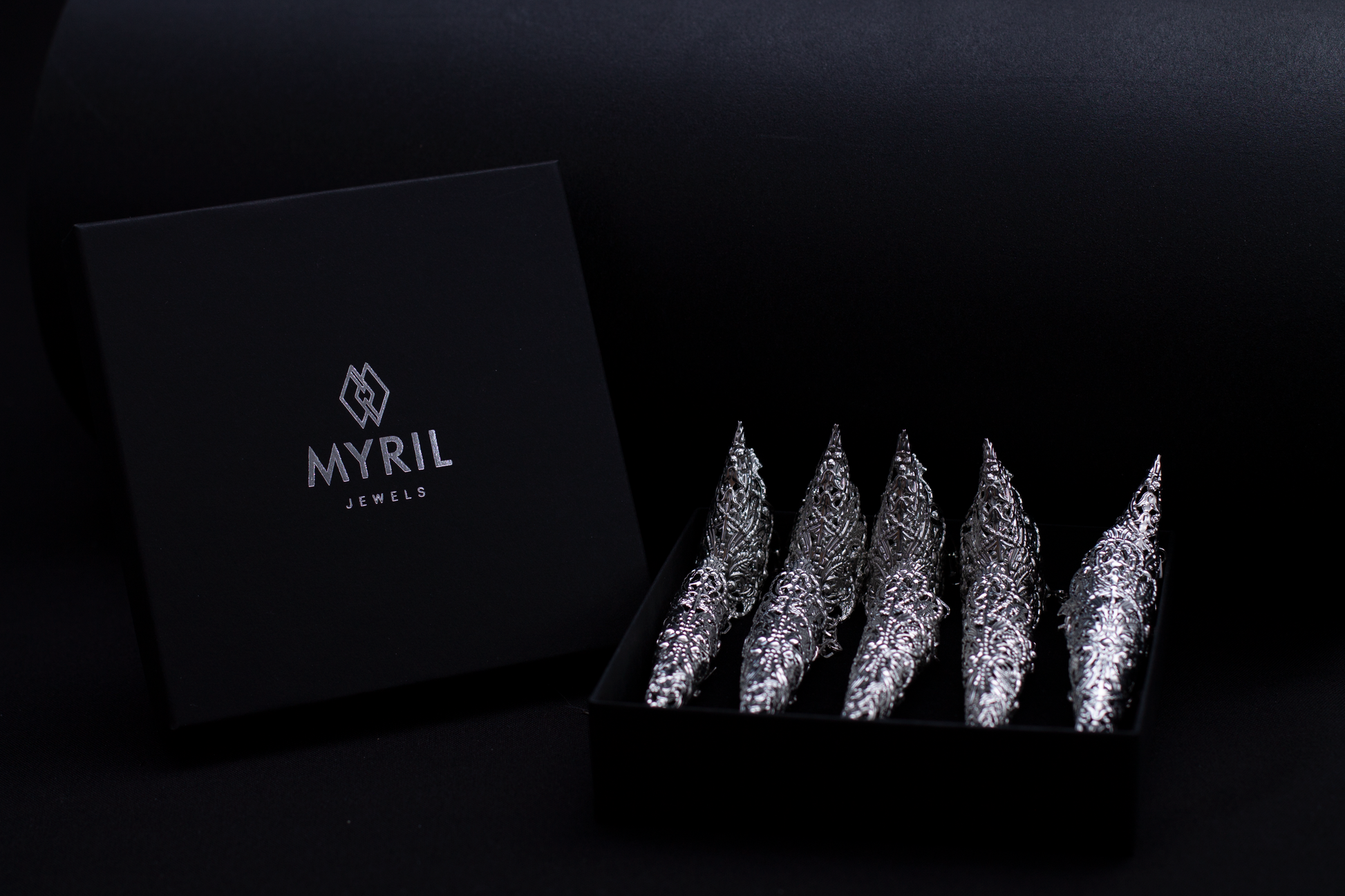 A Myril Jewels presentation box elegantly displays a set of silver dragon-like claw rings. Their intricate design captures the essence of neo-goth jewelry, ideal for adding a dramatic touch to Halloween or everyday gothic-chic attire, and makes a bold statement for lovers of dark avant-garde fashion.