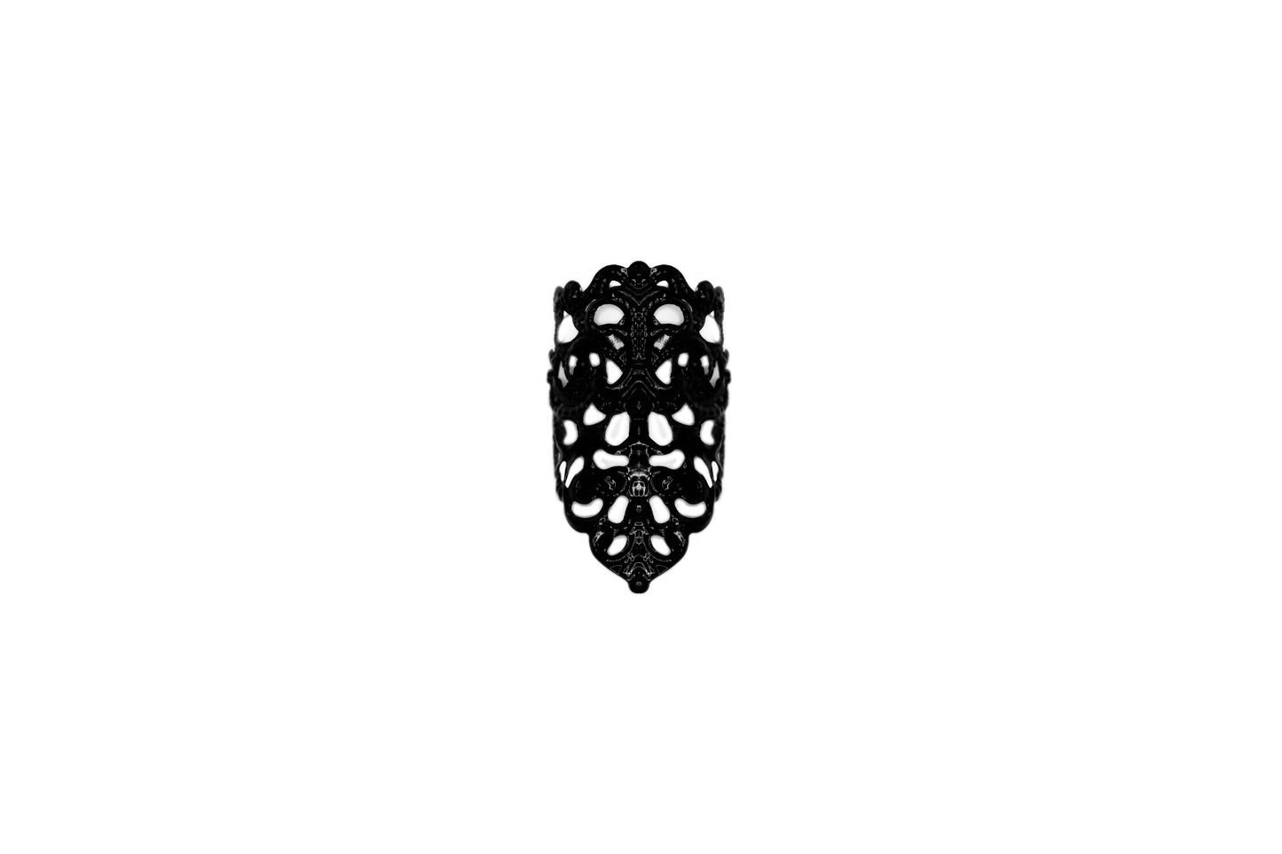 Presenting Myril Jewels' goth midi ring, a masterful expression of dark-avantgarde artistry. This neo-gothic jewel showcases an elaborate, blackened metalwork with an openwork pattern that mimics the intricate beauty of natural forms. Its bold yet intricate design captures the essence of gothic-chic, making it an ideal accessory for those drawn to the enigmatic world of whimsigoth and witchcore. Designed for everyday wear, this midi ring is also perfect for accenting Halloween costumes